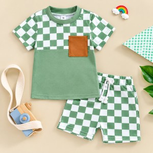 Sage Green Checkered Pattern with Brown Pocket Boys' Summer Two-Piece Set (T-Shirt & Checkerboard Shorts Set)