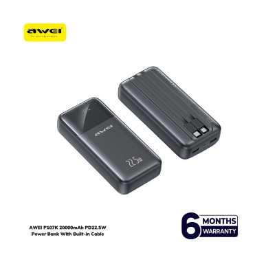 AWEI P107K 20000mAh PD22.5W Power Bank With Built-in Cable