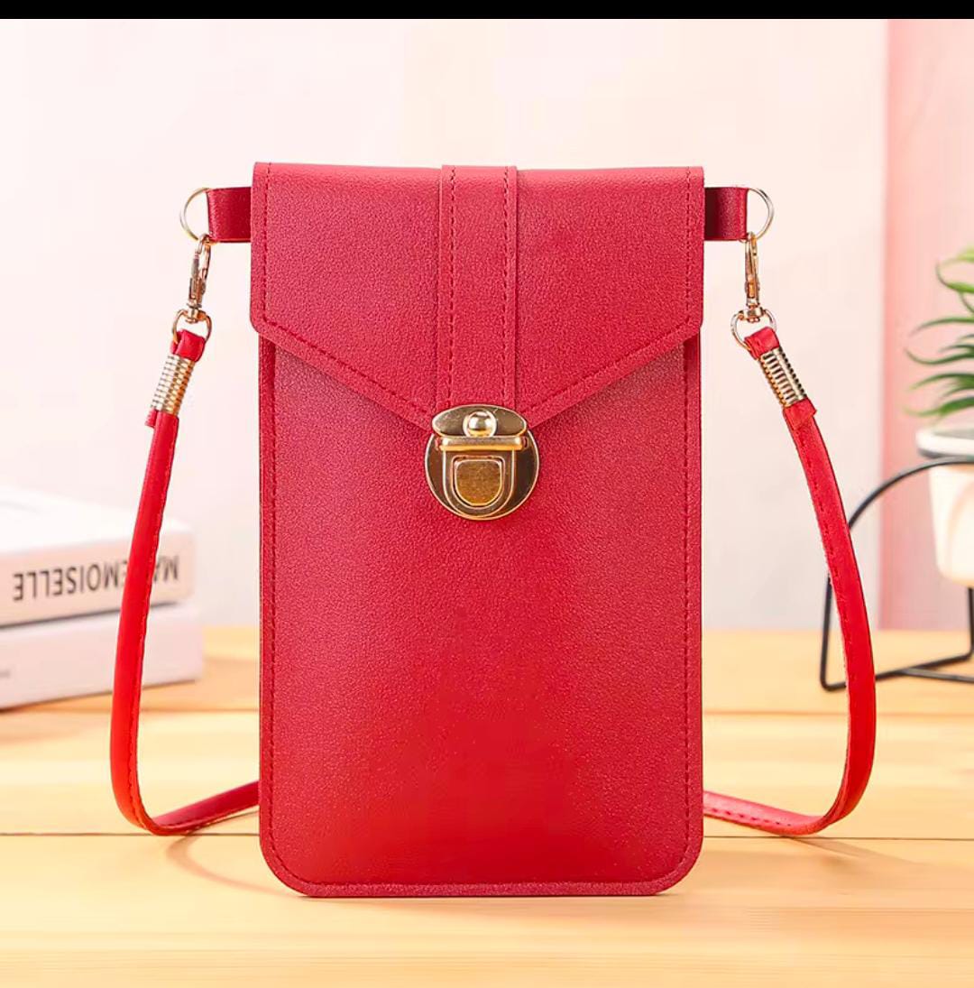 Women's PU Leather Phone Holder With Neck Strap Wallets Touch Screen Bags(Red)