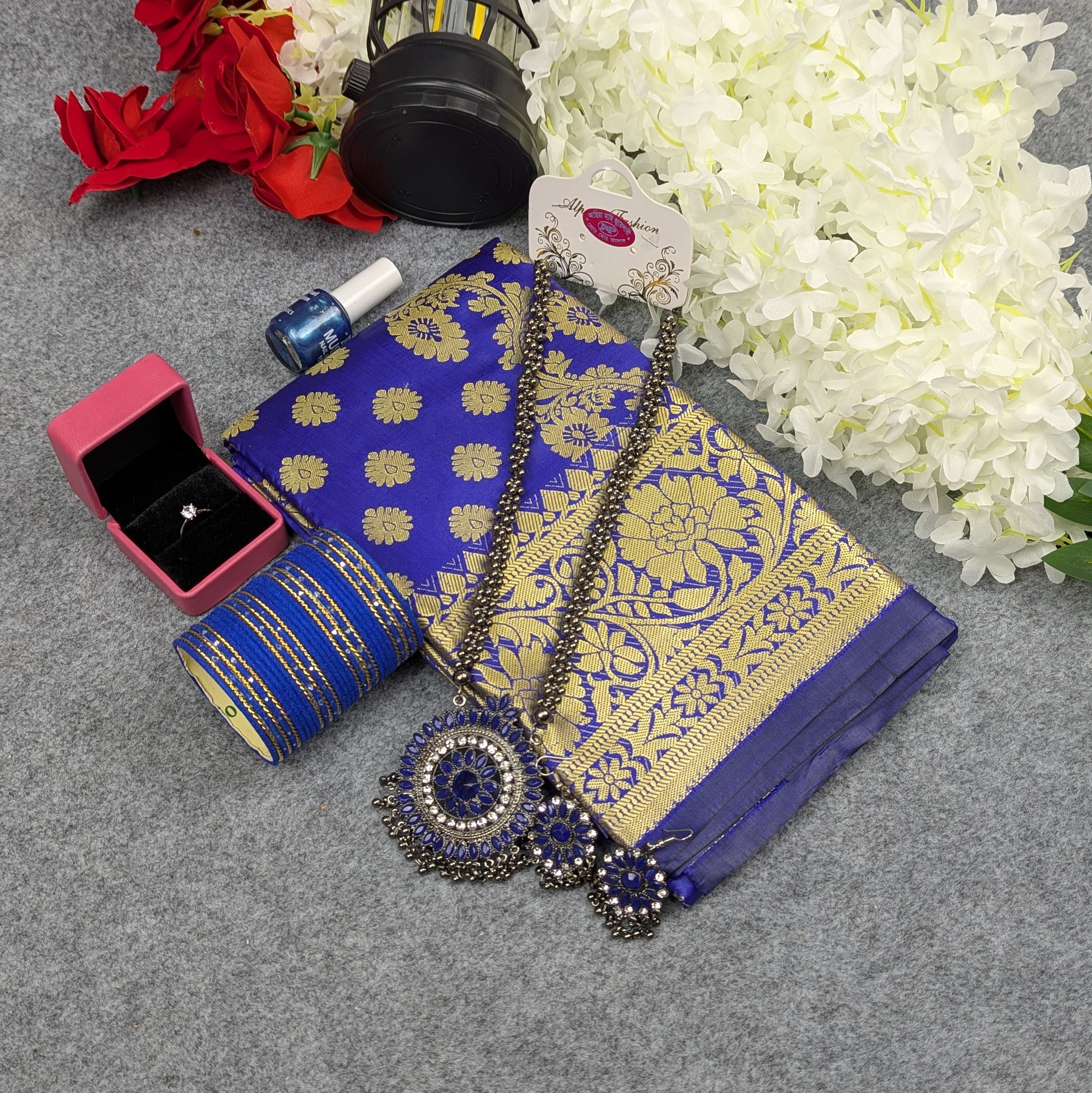 Premium Silk Katan Saree Combo Set - Blue - Image 3