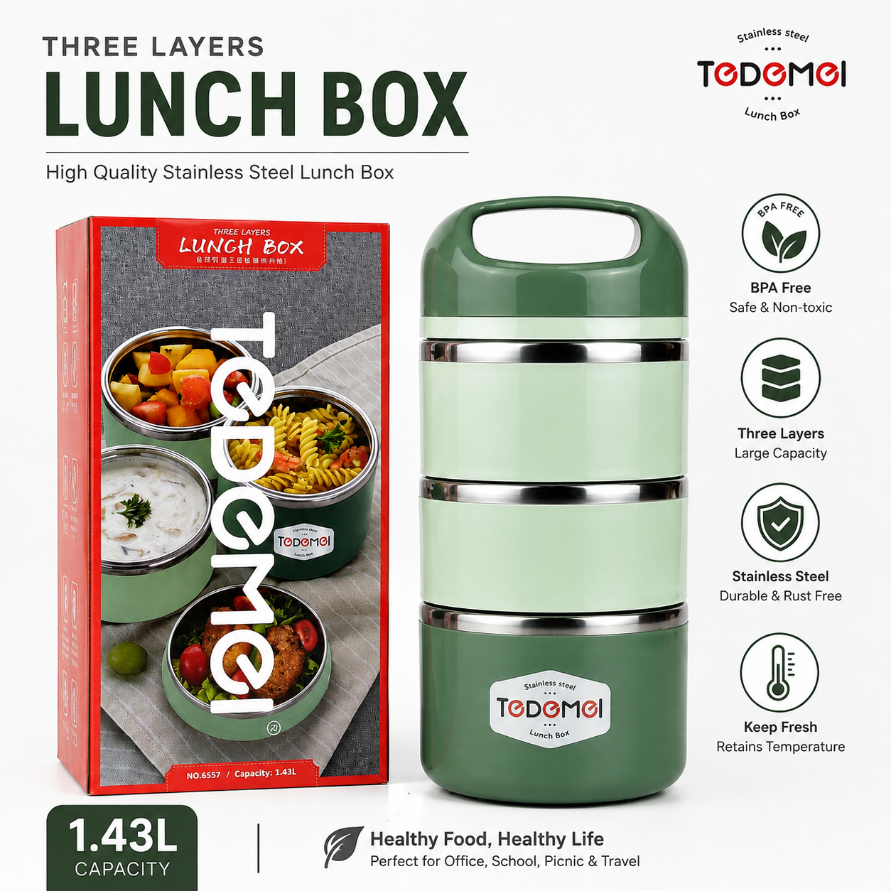 3.5 Layer 1.43L Stainless Steel Leak-Proof Lunch Box