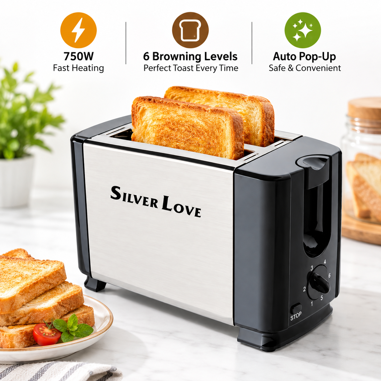 Silver Love Premium Electric Bread Toaster 750W
