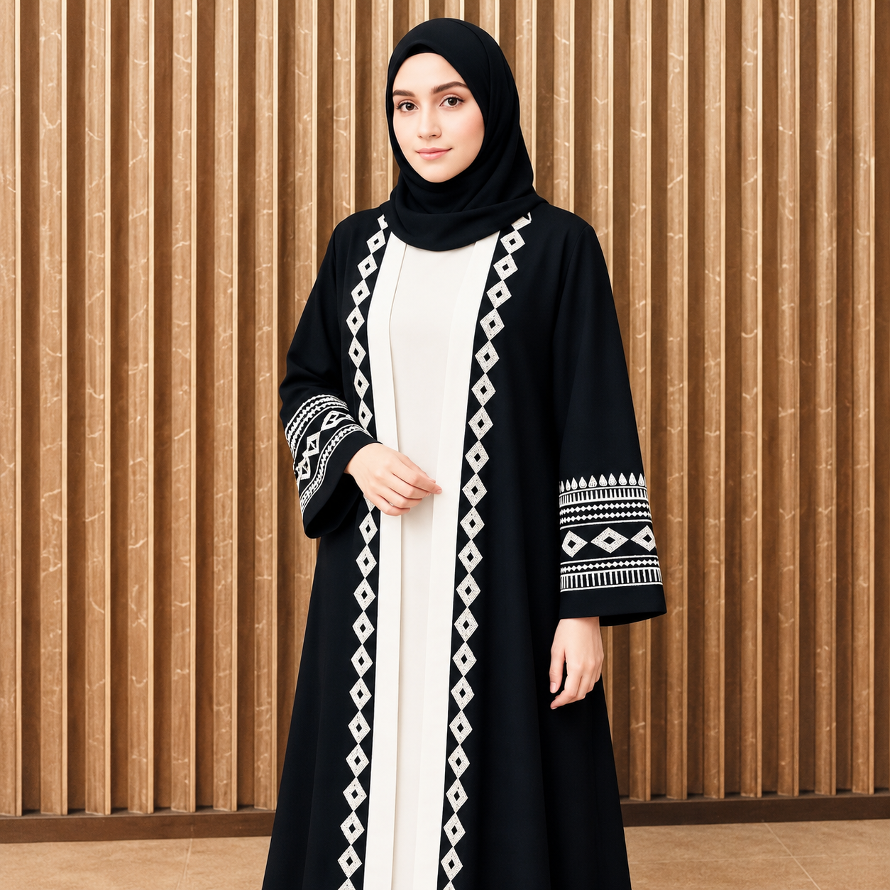 Elegant Black and White Invite Abaya for Women