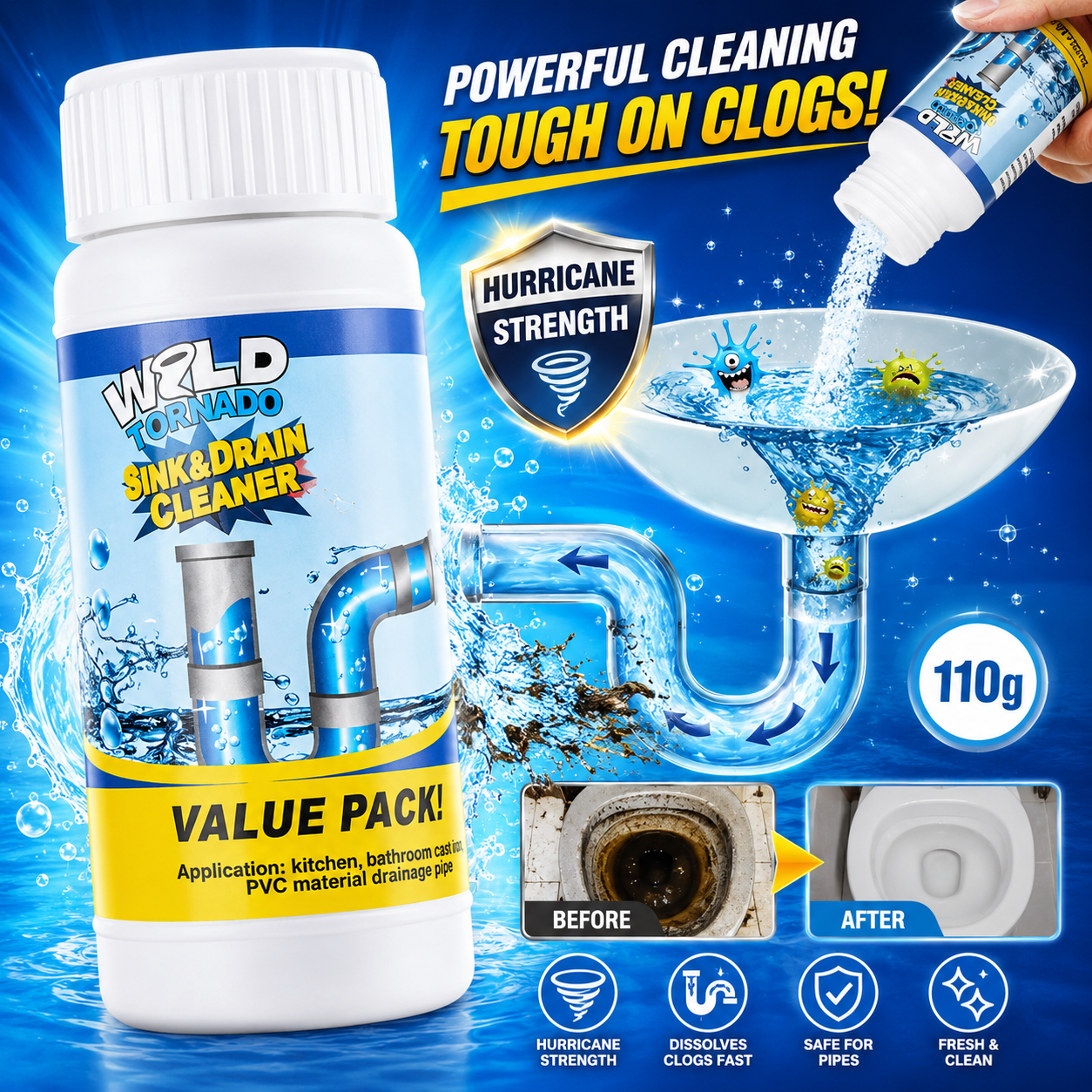 Wild Tornado Powerful Drain Cleaner Powder - Fast Pipe Unblocker - ছবি 1