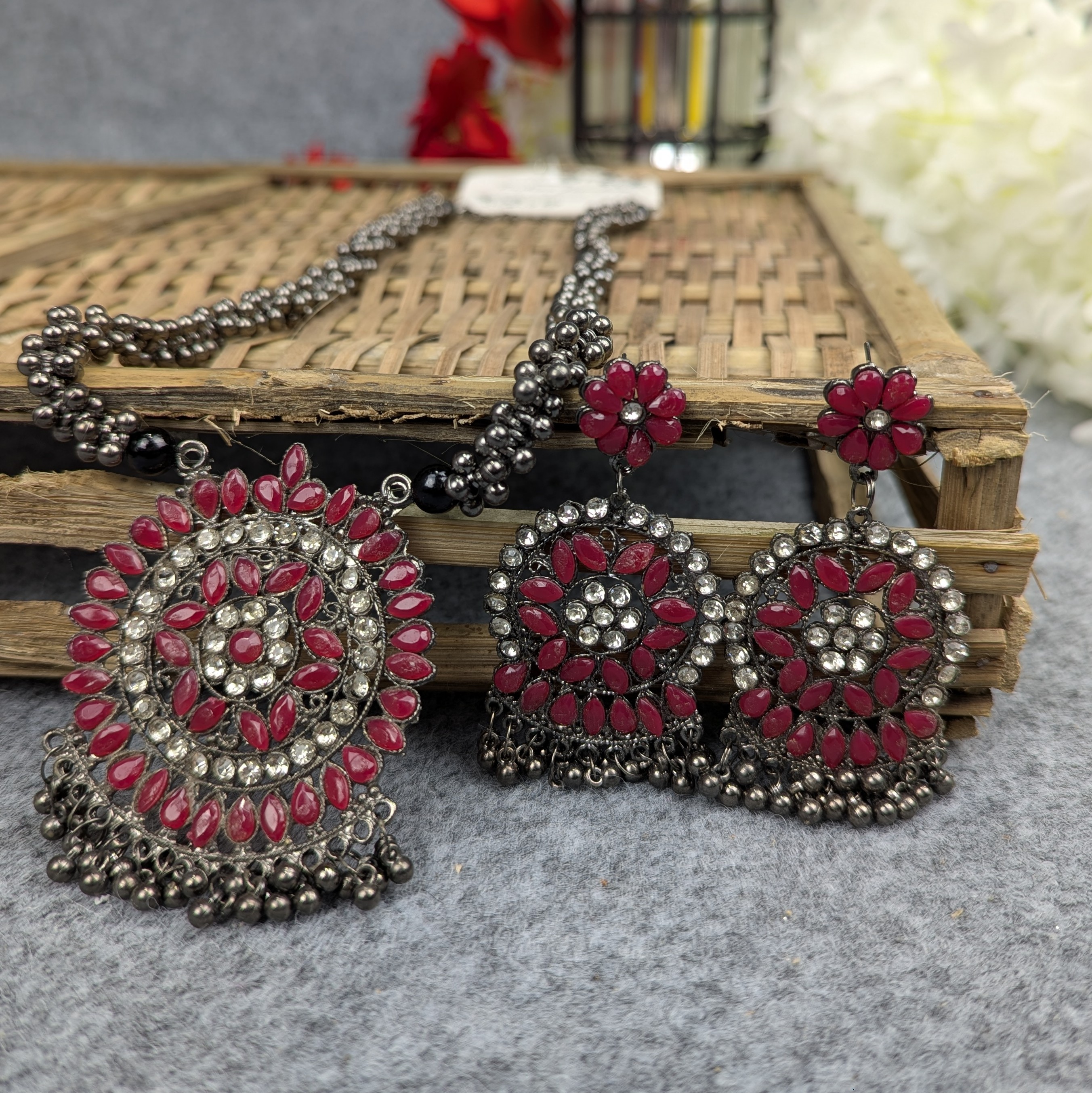 Antique Oxidized Necklace & Earrings Set - Multi Color - ছবি 1