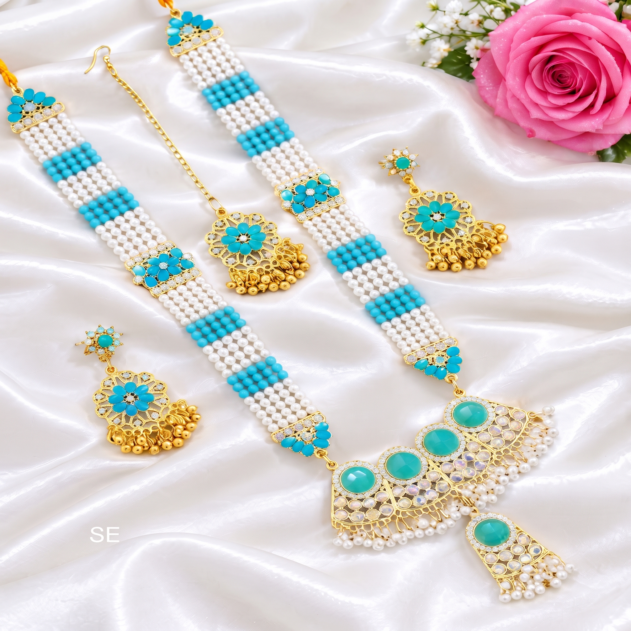 Turquoise & Pearl Long Rani Haar Jewelry Set - ছবি 1