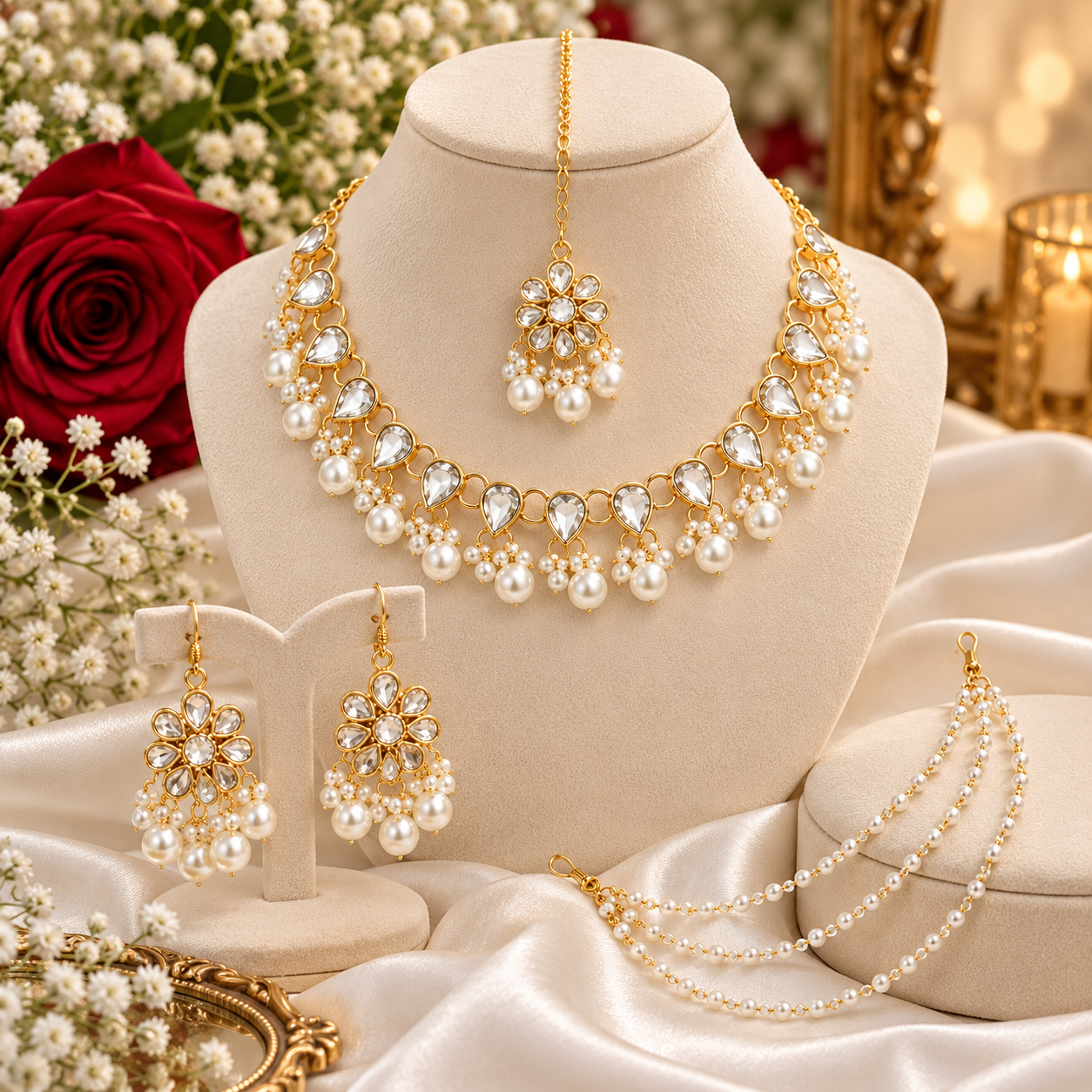 Premium Gold-Plated Kundan & Pearl Bridal Jewelry Set - ছবি 1