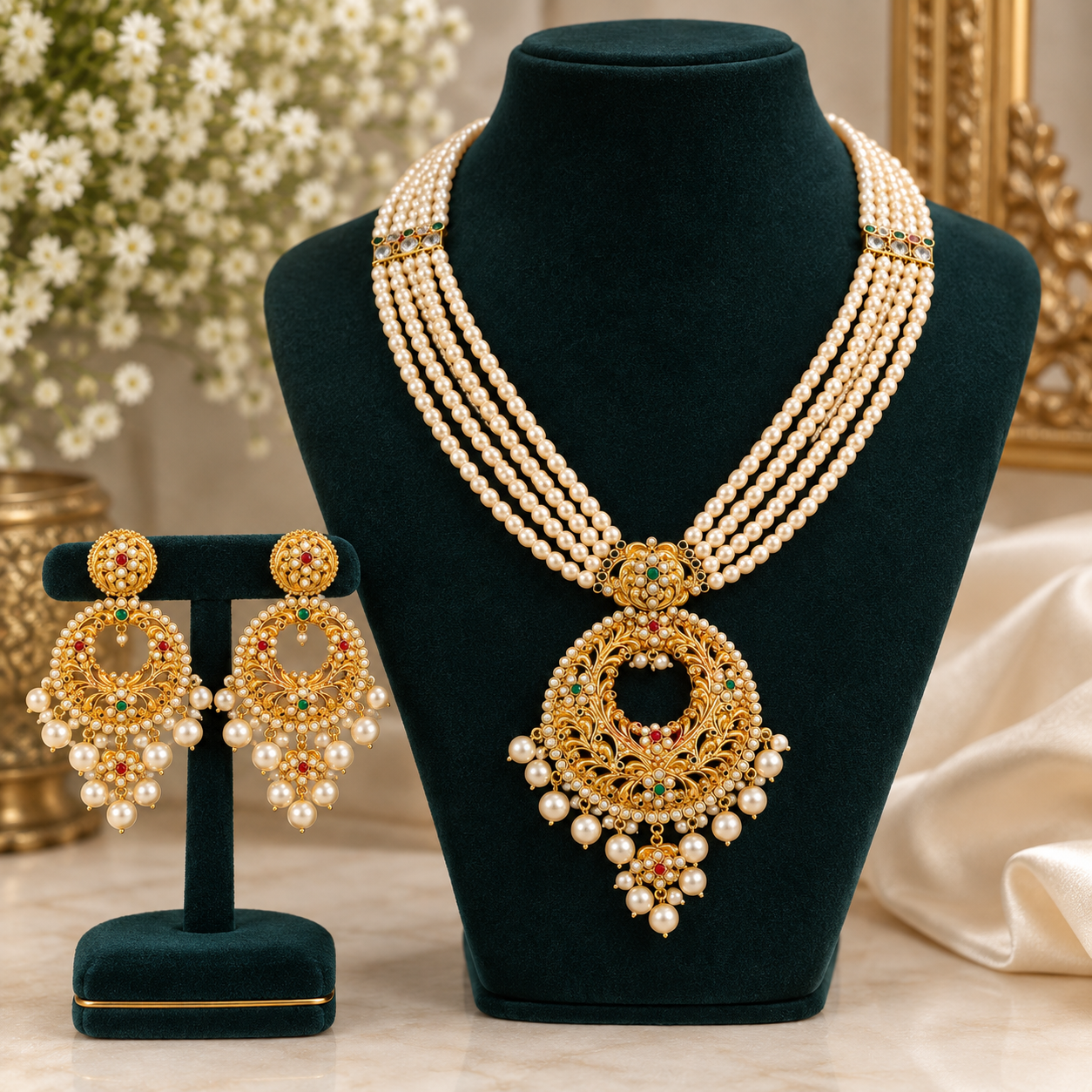 Traditional Gold-Plated Hyderabadi Pearl Sitahar & Jhumka Set - ছবি 1